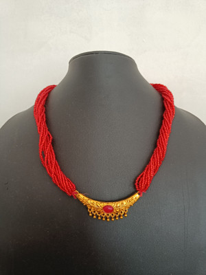 Gorkhastyle Nepali Traditional Locket in Red Pote Short Gold-plated Plated Brass Chain