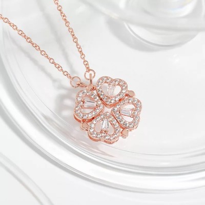 Vembley Rosegold-plated Two In One Magnetic Hearts Clover Necklace For Women/Girls Cubic Zirconia Stainless Steel Necklace