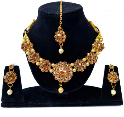 LS VRINDAVAN Gold Necklace with pearl earrings, wedding necklace Jewellery ,Western jewellery Crystal, Zircon Gold-plated Plated Brass, Stone, Crystal, Glass, Alloy Necklace Set