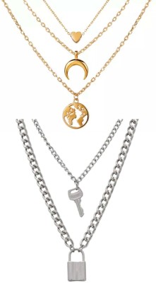 Pinapesfashion Silver Lock Kye & Moon Coined Gold Layered Necklace Combo Set Gold-plated Plated Alloy Necklace