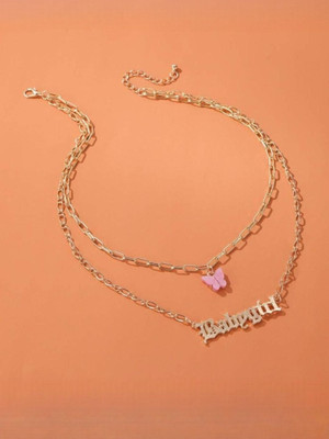Dressberry Stunning Gold Plated Double Layered Pink Butterfly and Babygirl Word Necklace Gold-plated Plated Alloy Necklace
