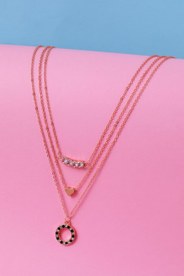 Cierra Belchar Chain Round Shape Charm Hanging Heart and Stone 3 Layered Necklace Chain Alloy Chain Set
