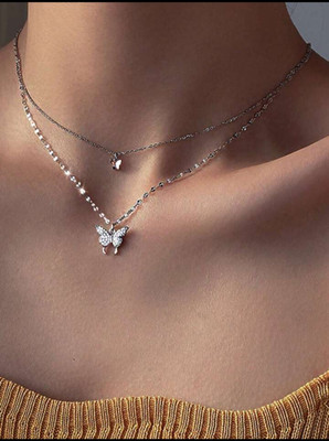 RV YUWON Beautiful Diamond Double Layer Butter fly NeckChain Cubic Zirconia Silver Plated Stainless Steel Layered