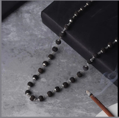 PYR Fashion Original Karungali Malai Men Silver Cap Plated Necklace|8Mm|54Beads Mala Silver Plated Wood Chain