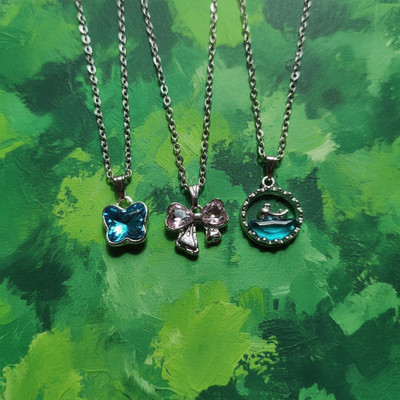VR Divine Adorn 3 PCS Necklace Set | Blue Butterfly, Ribbon & Dolphin Pendant Jewelry for Girls Diamond Silver Plated Stainless Steel Chain Set