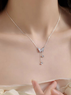 Harsu Collection Silver plated Charm Pendant Chain with 3 Butterfly Design Cubic Zirconia Silver Plated Stainless Steel Necklace