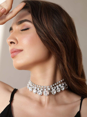 RUBANS Rhodium Plated Cubic Zirconia-Studded Brass Necklace Silver Plated Brass Necklace