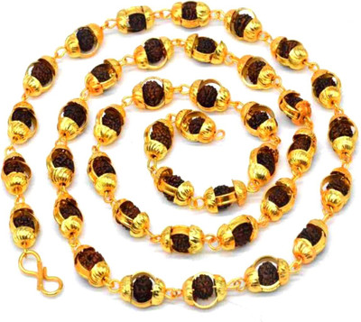 Green Spiritual Religious Trishul Om Damru Locket With Puchmukhi Rudraksha Mala (108Beads) Wood Chain