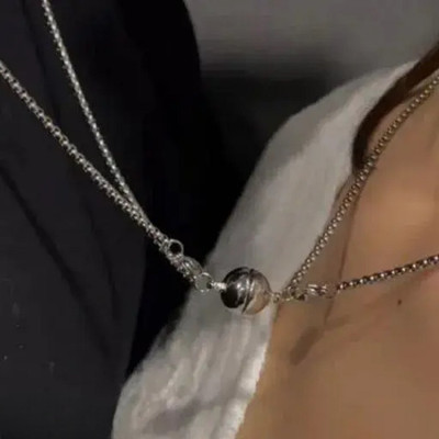 TVI 2 Pcs Magnetic love Couples Pendant Silver Plated Alloy Necklace