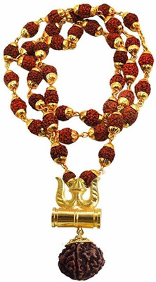 Ruhi Collection Religious Jewelry Lord Shiv Damru Locket With Puchmukhi Rudraksha Damru Mala Gold-plated Plated Brass Chain