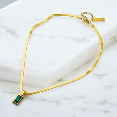 WAMIQA Premium Sleek Anti-Tarnish Gold Plated Rectangular Green Pendant Neck Chain Gold-plated Zircon, Emerald Stainless Steel, Brass Pendant Set