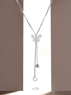 RUBANS Rubans Rhodium Plated Minimal Chain Butterfly Motif Zircons Drop Necklace Rhodium Plated Brass Necklace