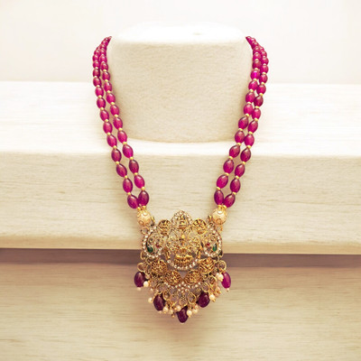 asthmangALA Gold plated 2 line Magenta/Pink Monalisa Necklace with maa laxmi pendant Gold-plated Plated Alloy Necklace