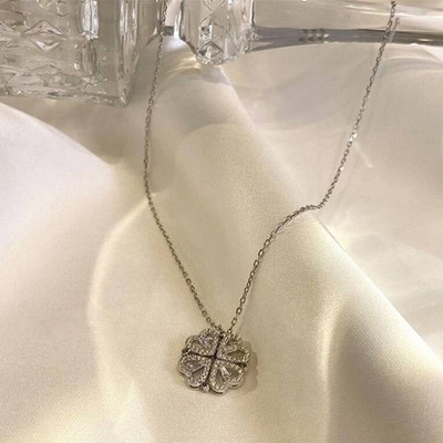 Sahelistyle Partywear & Stylish Magnetic 4 Heart Four Leaf Clover Necklace For Women & Girls Silver Plated Stainless Steel Necklace