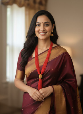 Ridhika Jewels Nepali Traditional Women's Pote Mala / Red Beaded Multi-Layer Long Necklace Gold-plated Plated Brass Necklace