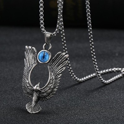 Vivity Vintage Viking Eagle Wings Blue Dragon Eye Punk Style Bikers Locket Pendant Set Silver Plated Alloy Chain