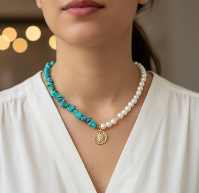 Daizy rough or chipped pieces of Turquoise stones necklace Turquoise Alloy Necklace