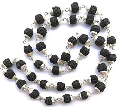 Apnisanskriti Black Rudraksha Mala in Silver Designer Caps Natural Rudraksha Beads Wood Chain