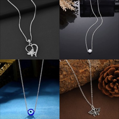 BOGHRA SALES Pack of 4 Sterling Silver Finished Necklace Pendant Chain for Girls,Women Cubic Zirconia, Diamond, Crystal Silver, Sterling Silver Plated Silver, Sterling Silver, Alloy Chain