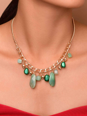 Officially Gorgeous Chunky Chain Anti-Tarnish Necklace with Green Beads & Stone Drops Gold-plated Plated Alloy Necklace