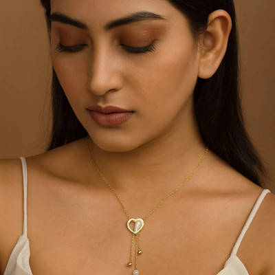 zarevia Dual Heart Drop Pendant Necklace for Women & Girls Pearl Gold-plated Plated Stainless Steel Necklace