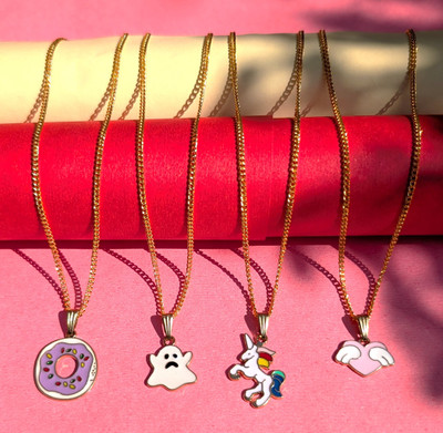 Sividya Combo(4)-NPen-325-Unicorn. W cloud. P heart. Donut. Gold Chain Gold-plated Plated Alloy Chain