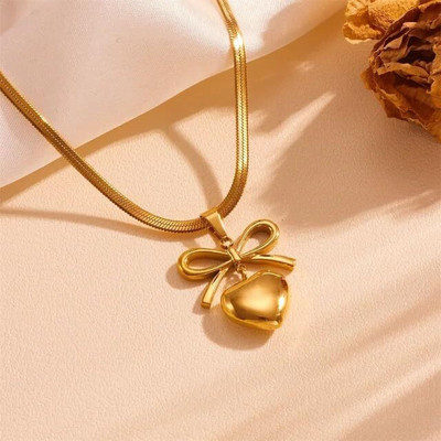 Sahelistyle Gold Plated Heart Bow Pendant With Chain For Women & Girls / Partywear Necklace Gold-plated Plated Stainless Steel Necklace