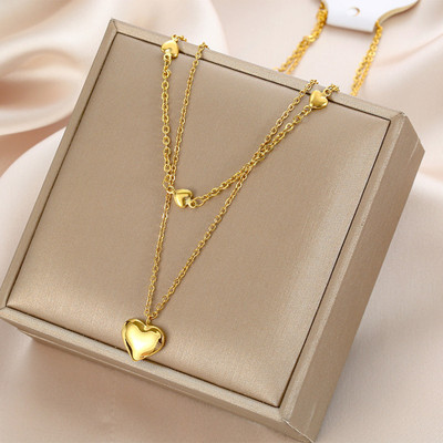 MYKI Anti-Tarnish Dual Heart Layered Necklace Gold-plated Plated Stainless Steel Necklace