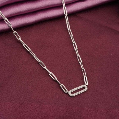 ZALKARI Silver Paperclick Chain Zircon Necklace Cubic Zirconia Rhodium Plated Sterling Silver Necklace