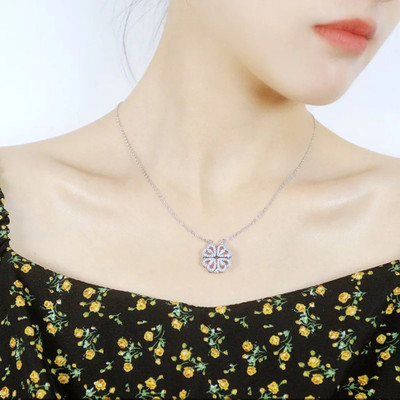Vembley Love Heart Four Leaf Clover Magnetic Pendant 2 in 1 Silver Necklace Women girls Silver Plated Stainless Steel Chain