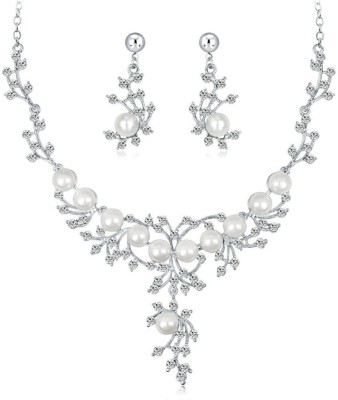 AdiolJewellery Elegant Silver Plated flawless Pearl- Zircon inlaid Necklace earring set Pearl, Cubic Zirconia, Crystal Silver Plated Stainless Steel Necklace