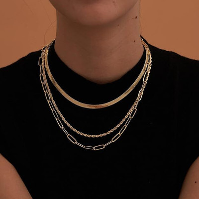 Bawree 14K Gold Plated Stainless Steel Herringbone, Rope & Paperclip Neck Chain Gold-plated Plated Metal Chain