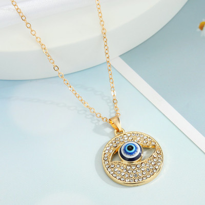 DESTINY JEWEL'S Gold Plated Rhinestones Evil Eye Design Circle Pendant Necklace Zircon Alloy Necklace