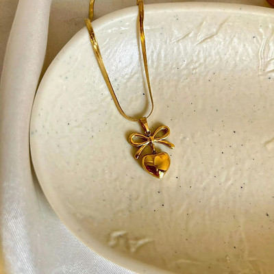 JUMSA Jumsa Anti Tarnish Stainless Steel Gold Bow Heart Snack Chain Necklace Crystal Gold-plated Plated Stainless Steel Necklace