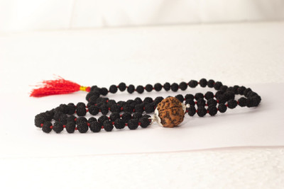 Sarvaksh 5 Face Black Rudraksha Mala With 5 Mukhi Nepali Pendant Silver Plated Silver Chain