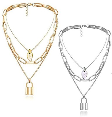 Fashion Fusion Lock and Leaf Layered Chain Combo Pack of 2 Silver, Gold-plated Plated Alloy Necklace