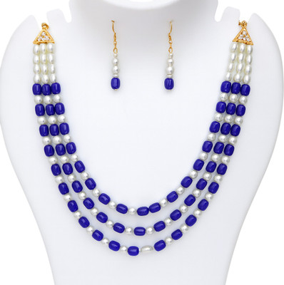 thejewels Stylish 3-Layer Blue & White Pearl Beaded Necklace Set with Matching Earrings Glass Necklace Set
