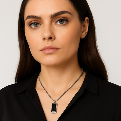AAROVIA Rectangular Black Pendant Sleek Minimalist Charm on Silver Chain Locket Set Stainless Steel Necklace Set