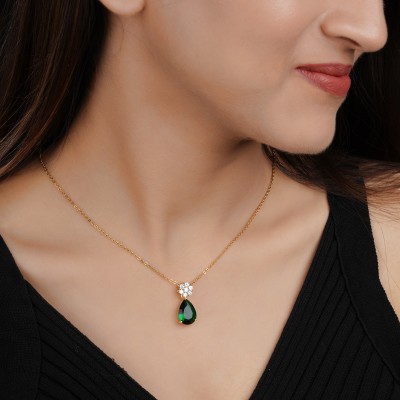 BISHTY Green stone pendant Anti Tarnish chain girls women | Valentine's day Gift Onyx Gold-plated Plated Stainless Steel Chain