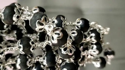 Akaraya Silver Karungali Malai 8 mm 54+1 Beads, Silver Ebony Beads Silver Plated Sterling Silver Chain