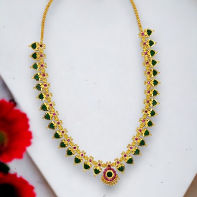 Kollam Supreme One Gram Green Palakka Long Chain Gold-plated Plated Brass Necklace