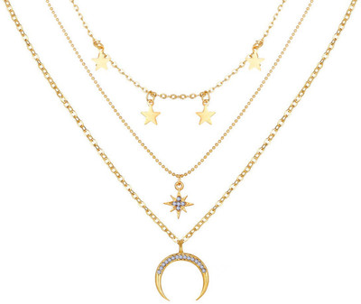 Vembley Layered Necklace Set - Stylish Simple Gold Plated Stars Moon Pendant Gold-plated Plated Brass Necklace