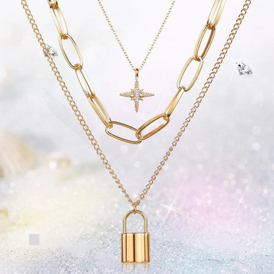 Vembley Three Layered Lock Chain Star Necklace For Girls And Women Gold-plated Plated Alloy Necklace