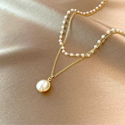 LC IMITATION LC Imitation's Korean Western Partywear Anti Tarnish Double Layer Chain Pearl Gold-plated Plated Stainless Steel Chain Set