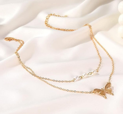 Vembley Pretty Lovely Golden Double Layered Pearls and Butterfly Pendant Necklace Gold-plated Plated Alloy Necklace
