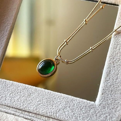 Sahelistyle Stylish Party Wear Chain Pendant Set For Girls & Women / Green Oval Necklace Set Gold-plated Plated Stainless Steel Chain Set