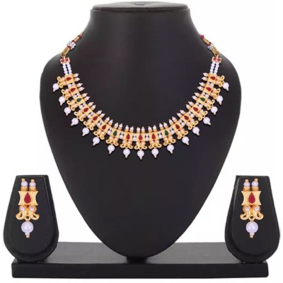 SAEE.K Party Wear Long Kundan Necklace With Earrings Beads, Pearl, Cubic Zirconia Gold-plated, Copper Plated Brass, Alloy Necklace Set