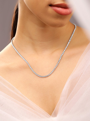 RUBANS Rhodium-Plated White Cubic Zirconia Studded Classic Tennis Necklace Rhodium Plated Brass Necklace