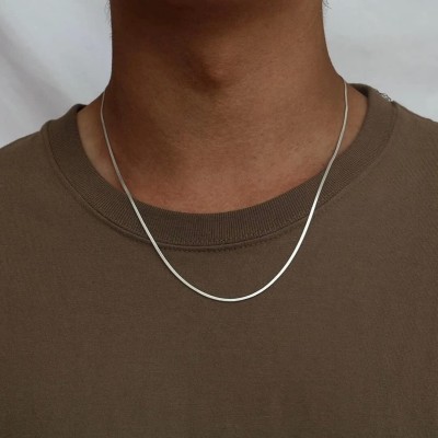 VAMA Stainless steel Herringbone Flat Snack Above Chest Neck Chain Necklace (2mm) Silver Plated Metal Necklace