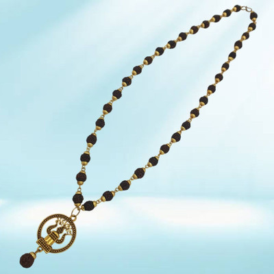 BHAKTI Kripalu Store Most Demanded Shiv Trishul OM Dotted Locket Pendant With 5 Mukhi Rudraksha Mala Beads Gold-plated Plated Brass, Wood Chain